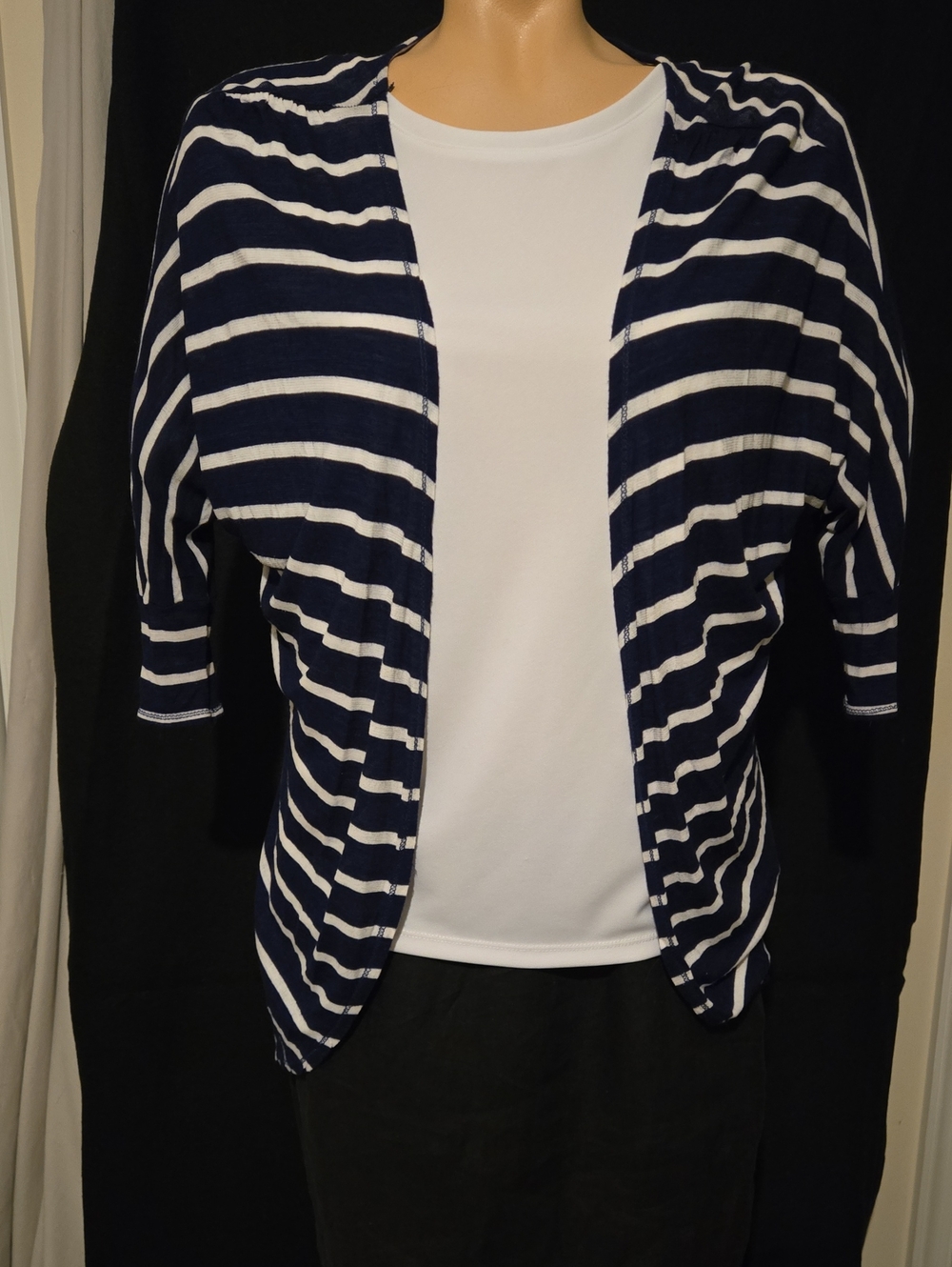 Zara Navy Blue White Striped Half Sleeve Cardigan Sweater Top.